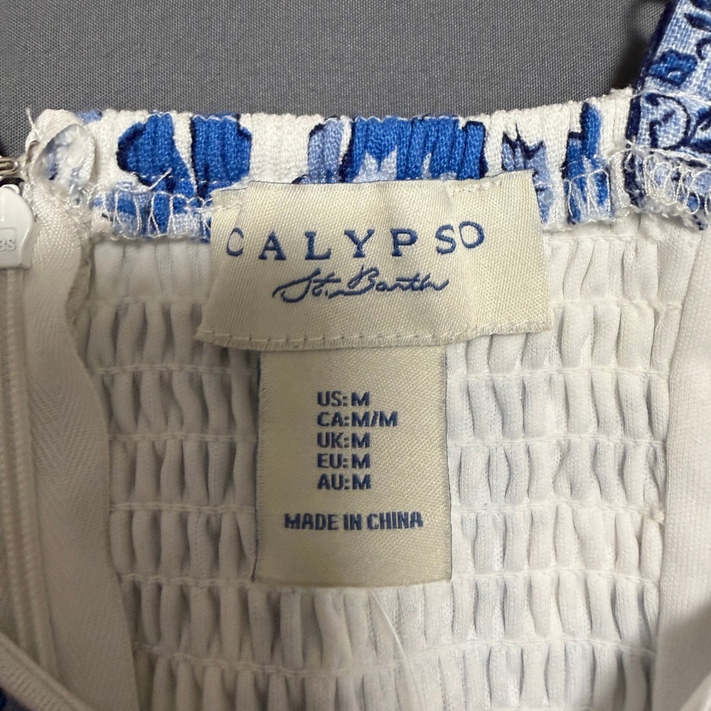 Calypso St. Barth Maxi Dress Medium Blue White Floral Linen Blend Coastal Resort - Picture 5 of 12